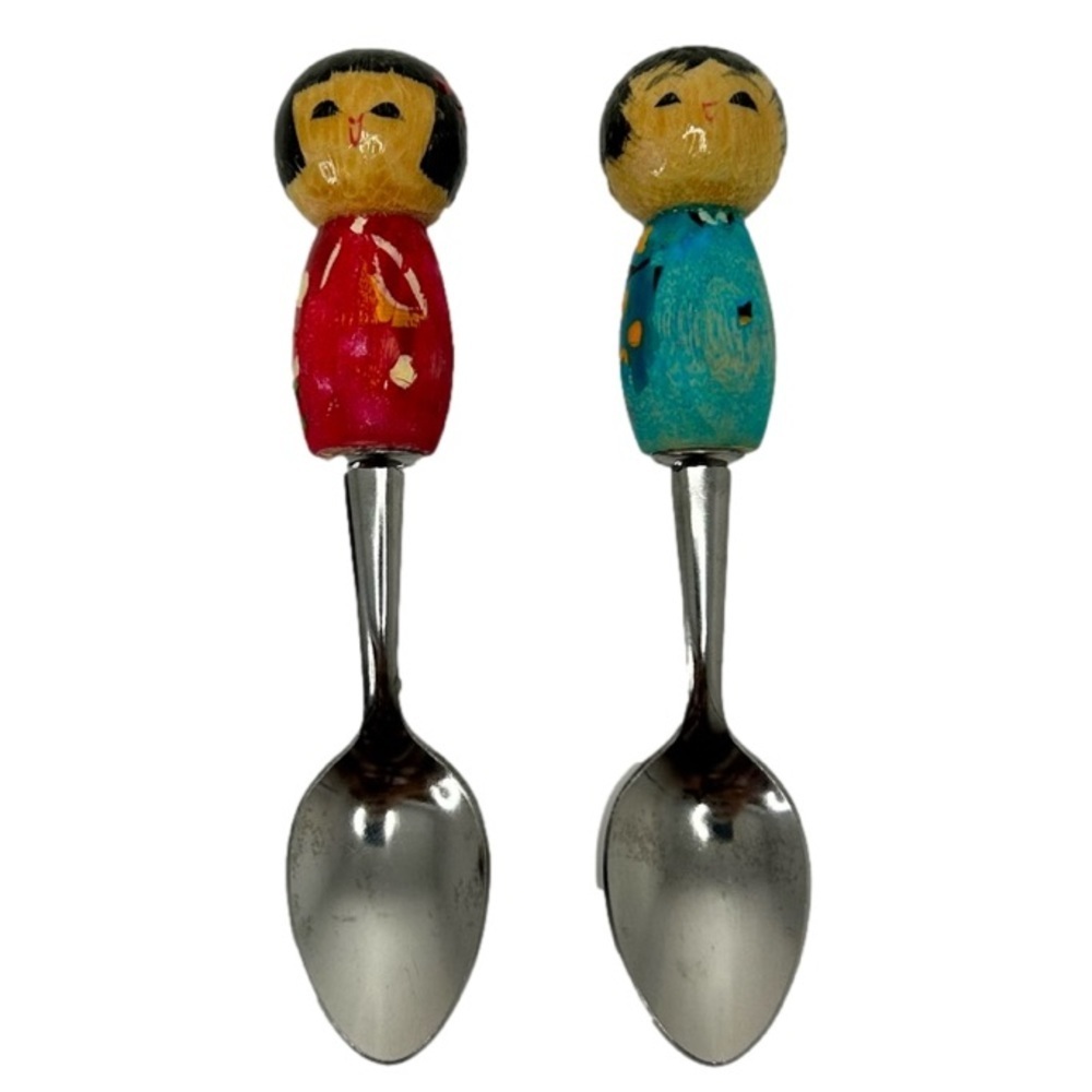 Vintage Kokeshi Doll Baby Spoon Set Of Two Sticker